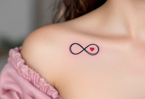 A purple and black shaded infinity symbol wrapping around a red heart in the middle. tattoo idea