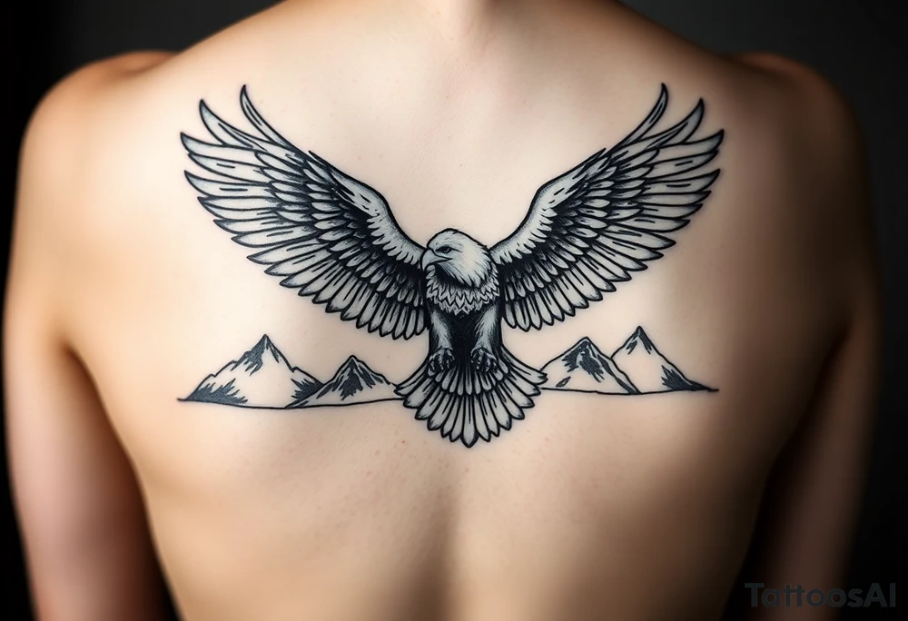 majestic eagle spreading wings against mountain peaks tattoo idea