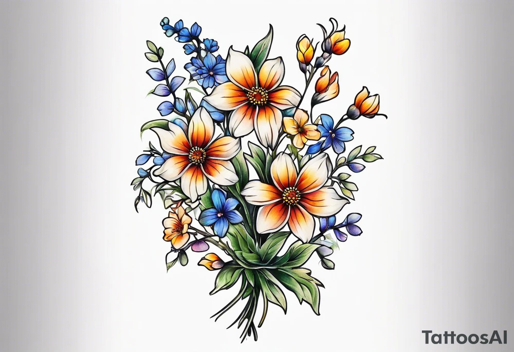 small long stem wildflower bouquet across foot tattoo idea