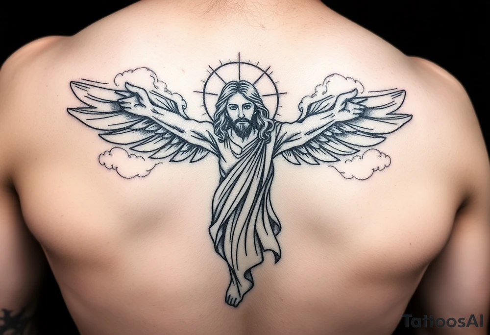 magestic christ with clouds wings black and white tattoo idea