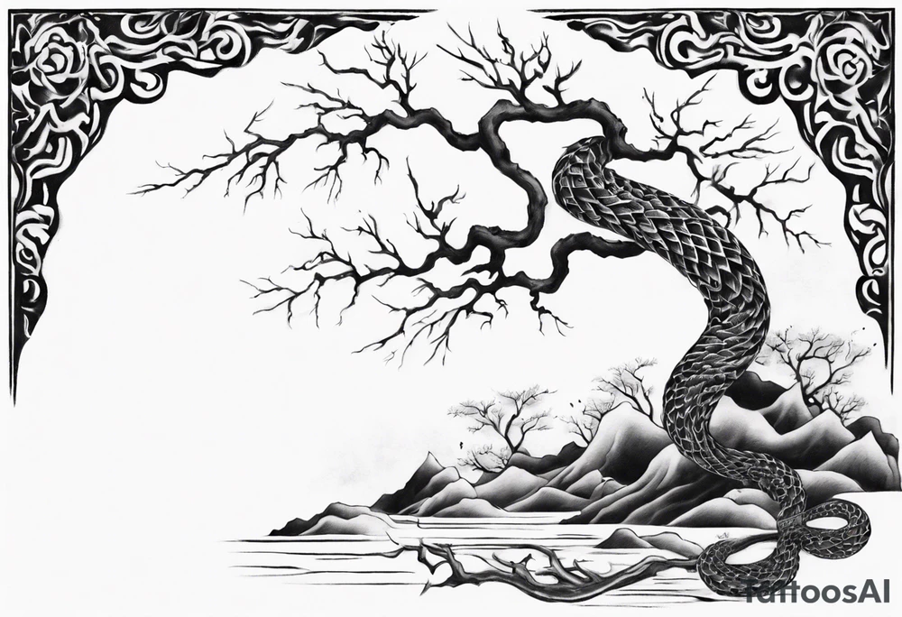 bare tree with a serpent below tattoo idea