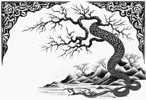 bare tree with a serpent below tattoo idea