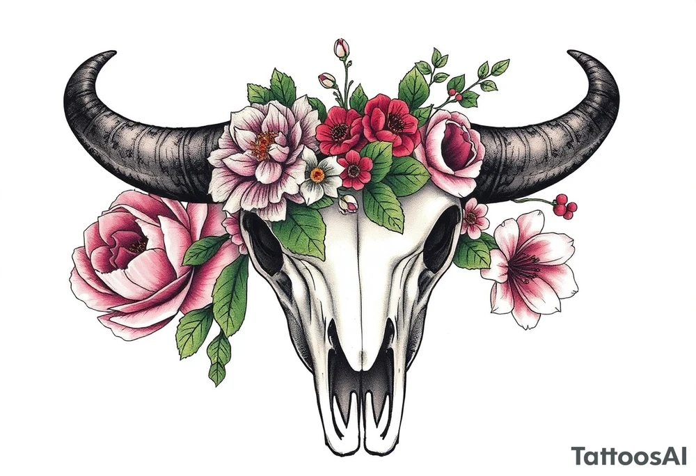 Buffalo skull with flowers. Peony, snowdrop, holly with berries, larkspur, peony. Colour. For upper arm. Masculin. tattoo idea