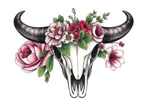 Buffalo skull with flowers. Peony, snowdrop, holly with berries, larkspur, peony. Colour. For upper arm. Masculin. tattoo idea