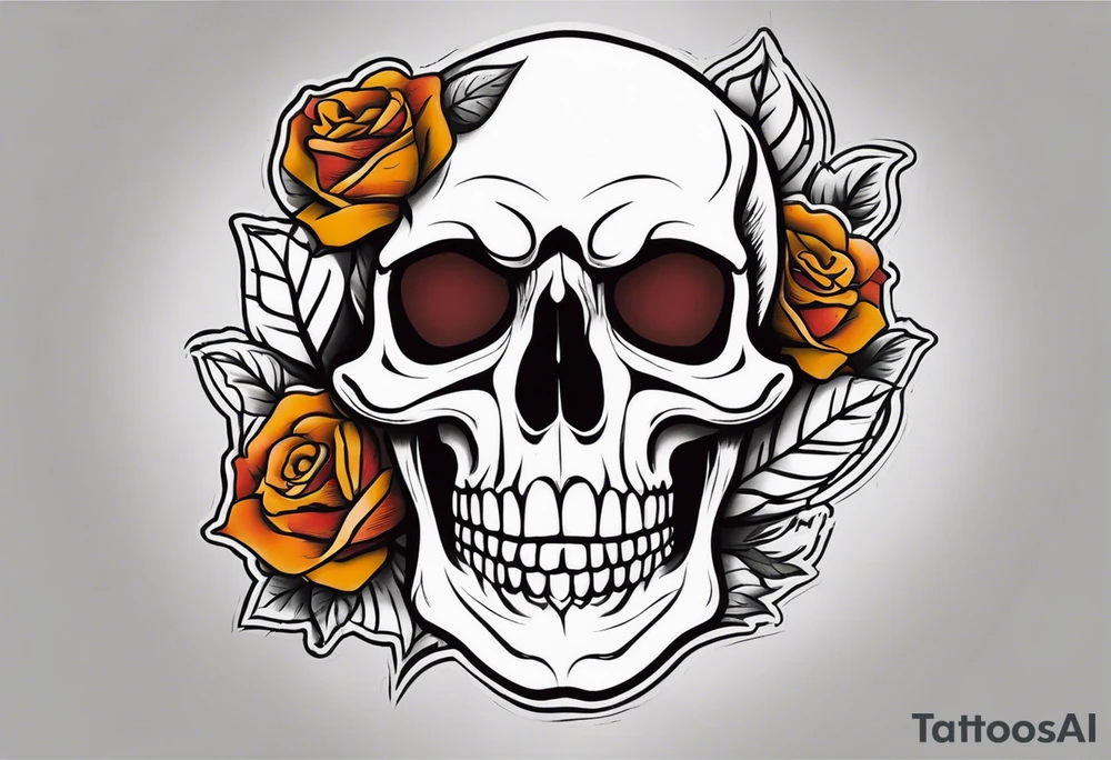 Masculine Old School Knee tattoo in fall colors showing a large skull with a rose  in the style of Jonathan Shaw tattoo idea