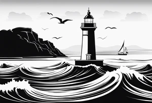 phare maritime sur un petit bateau a voiles. tattoo idea