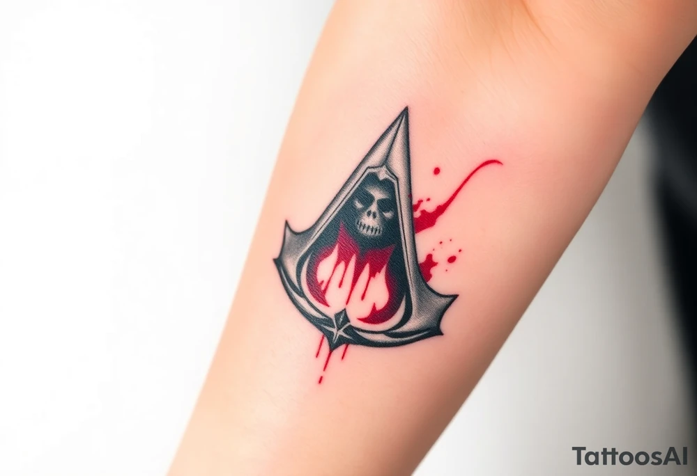 Assassins Creed emblem with Ezio hooded character with blood splashes tattoo idea
