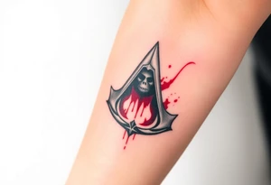Assassins Creed emblem with Ezio hooded character with blood splashes tattoo idea