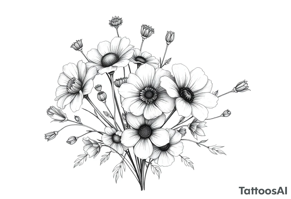 A cluster of wildflowers, with solid black shadows at the base and lighter stippling toward the petals. Some flowers can be in full bloom while others start to wilt or fall apart, symbolizing the passage of time. tattoo idea