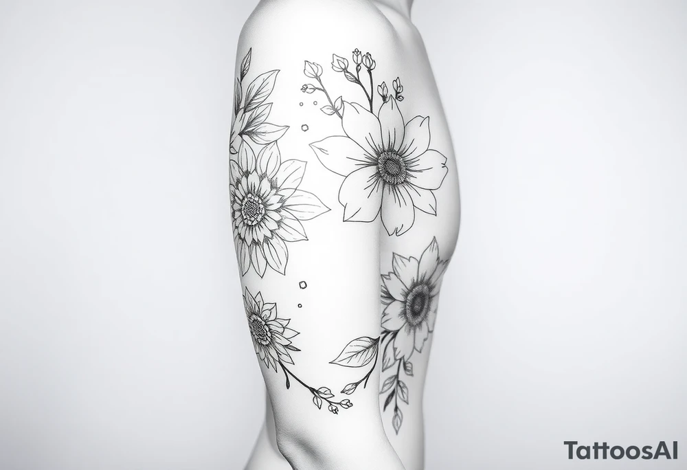 floral composition with japanese vibe, mutiple ornemental patern and leaf, dot geometric ornement, lycoris tattoo idea