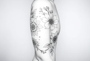 floral composition with japanese vibe, mutiple ornemental patern and leaf, dot geometric ornement, lycoris tattoo idea