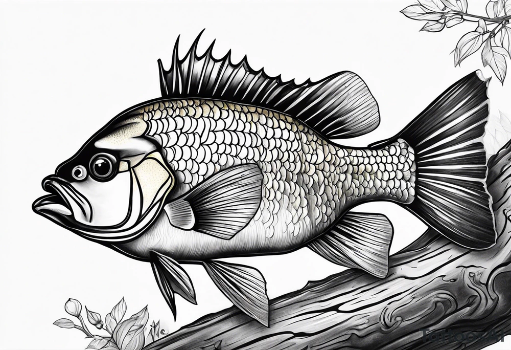 Golden perch on a big log tattoo idea