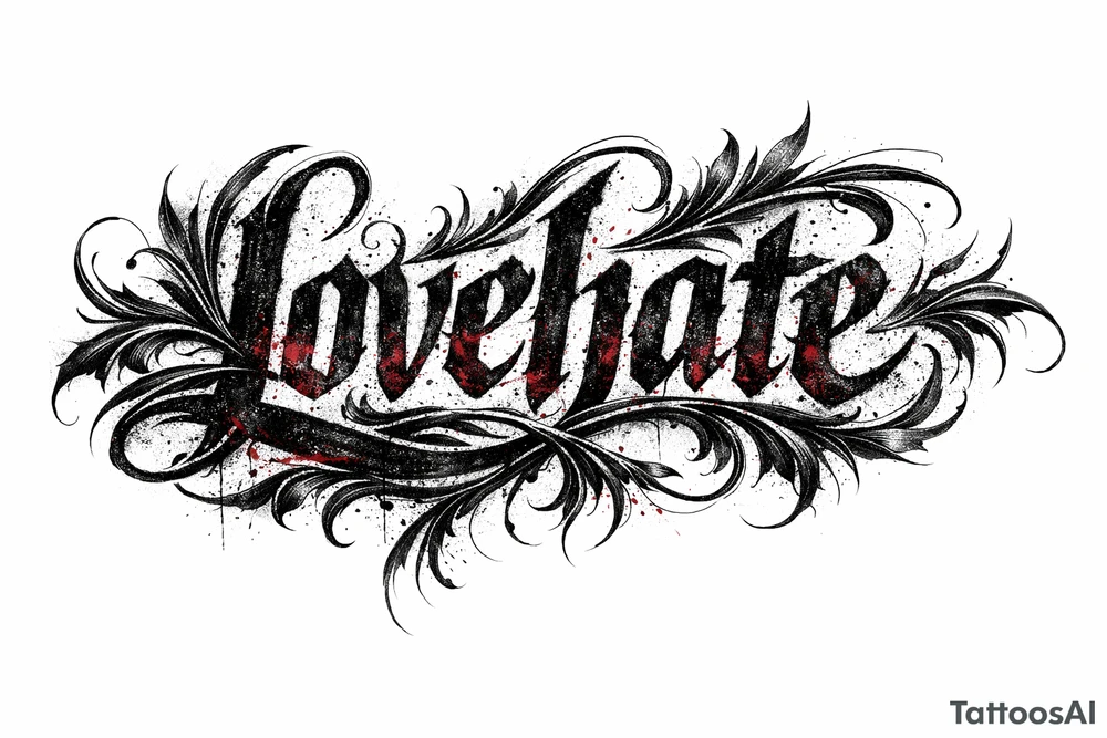 A single word 'lovehate' rendered in a distressed, textured font with hints of crimson and charcoal. tattoo idea