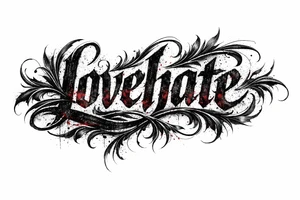 A single word 'lovehate' rendered in a distressed, textured font with hints of crimson and charcoal. tattoo idea
