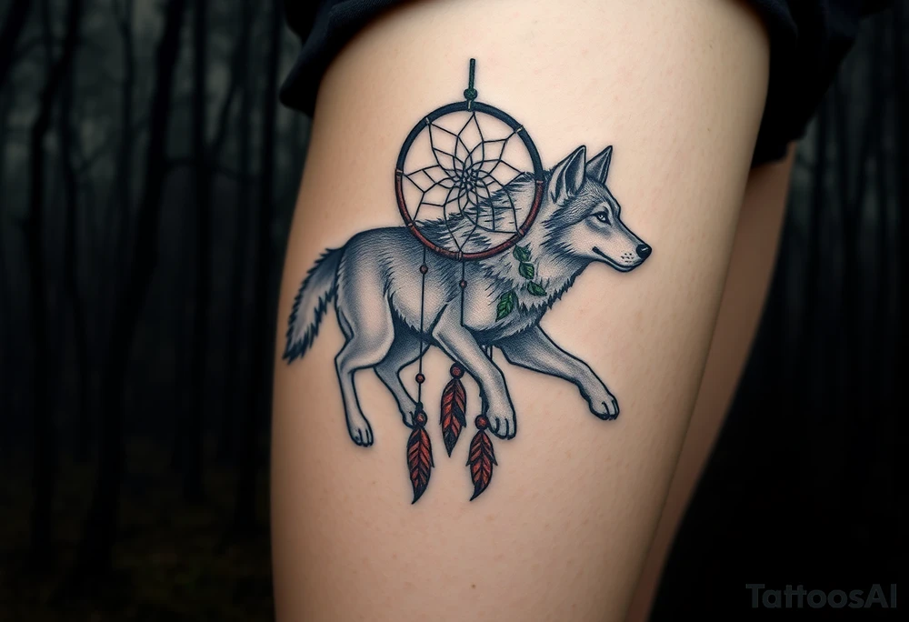 A wolf running through the woods, with dreamcatcher rings woven into the landscape. The wolf’s fur is shaded in shades of gray and white, while the dreamcatcher is adorned with green leaves and earthy brown tones tattoo idea