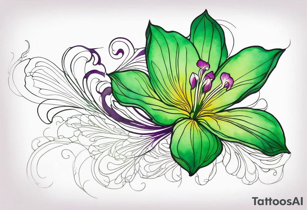 An outline of a green rio dipladenia flower and a green/purple watercolor streak in the background tattoo idea