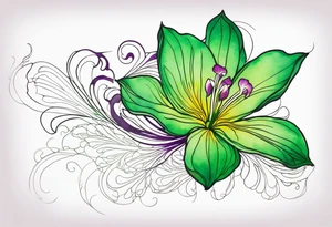 An outline of a green rio dipladenia flower and a green/purple watercolor streak in the background tattoo idea