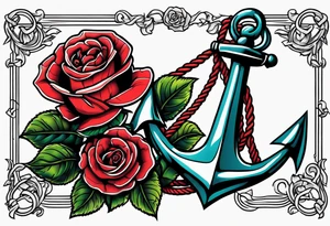 old school anchor sitting at an angle 
with rope 
and banner across anchor and old school roses tattoo idea