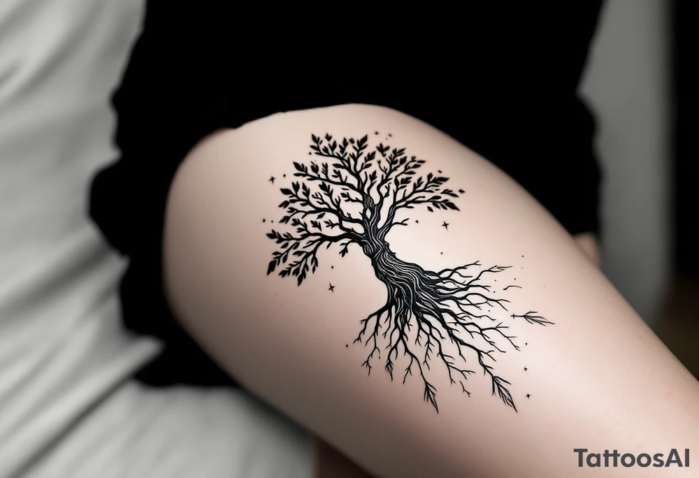 mystical tree of life with cosmic roots and celestial branches tattoo idea