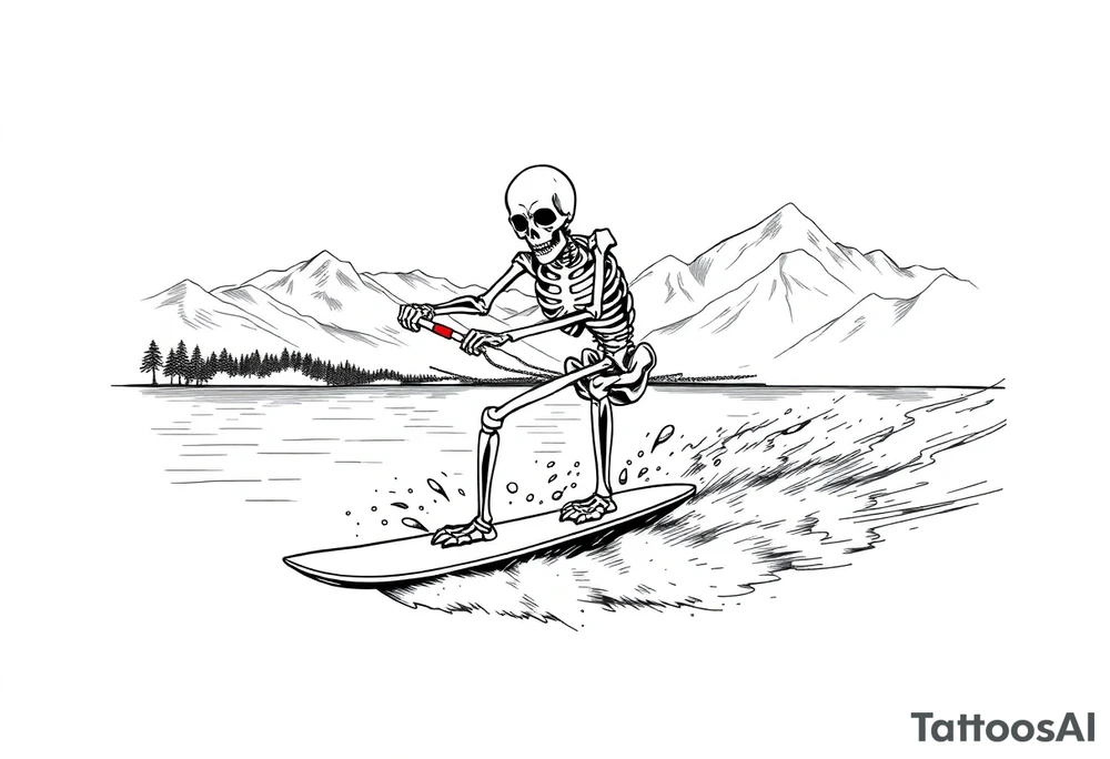 skeleton wakeboarding on lake, holding onto waterspouts rope handle with one hand, mountains in the background tattoo idea