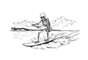 skeleton wakeboarding on lake, holding onto waterspouts rope handle with one hand, mountains in the background tattoo idea