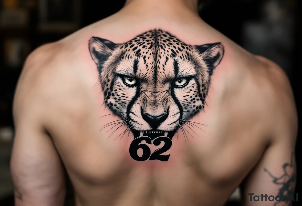 angry cheetah with the number 62 in its mouth tattoo idea