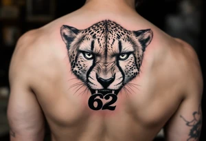 angry cheetah with the number 62 in its mouth tattoo idea