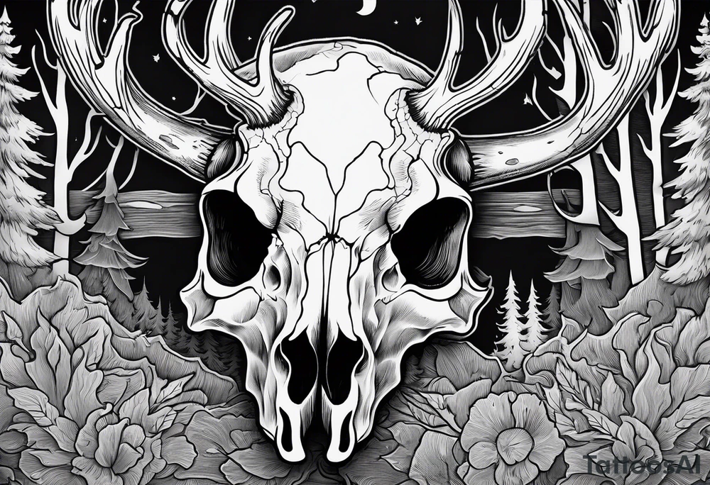 A side view of a frightening horror DECAYING deer skull JUST BONE surrounded by a forest fire in background tattoo idea
