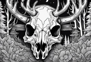 A side view of a frightening horror DECAYING deer skull JUST BONE surrounded by a forest fire in background tattoo idea