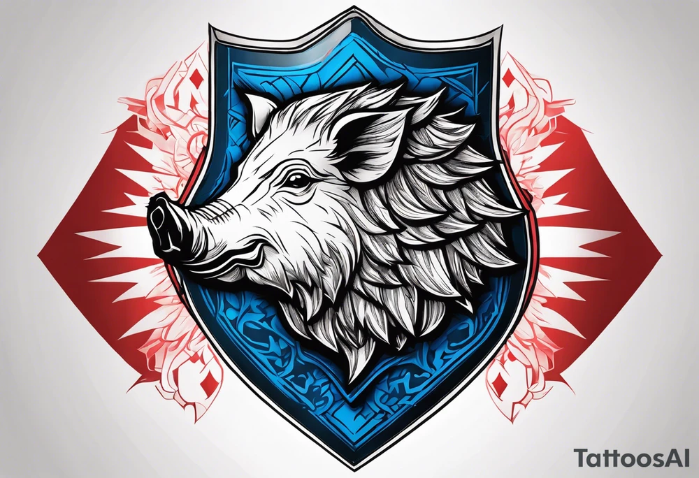 Shield with a Wild boar that is blue with 3 red crosses on it tattoo idea