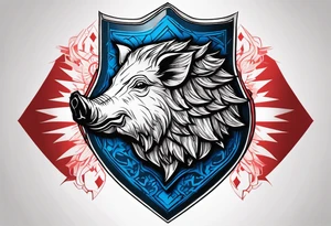 Shield with a Wild boar that is blue with 3 red crosses on it tattoo idea