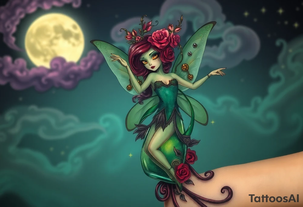Tim Burton’s kelly doty pin up style Vintage Parisian elegant and hauntingly beautiful yet eerie full body absinthe Green Fairy dances outside her victorian crystal decatur she was once inside this elaborate ornate bottle absinthe bottle Absinthe Art Nouveau   and dripping with muted reds, dusty pinks, and eerie green glow.purple and cyan smokey clouds swirl in the crescent moonlit sky thats sprinkled with stars tattoo idea
