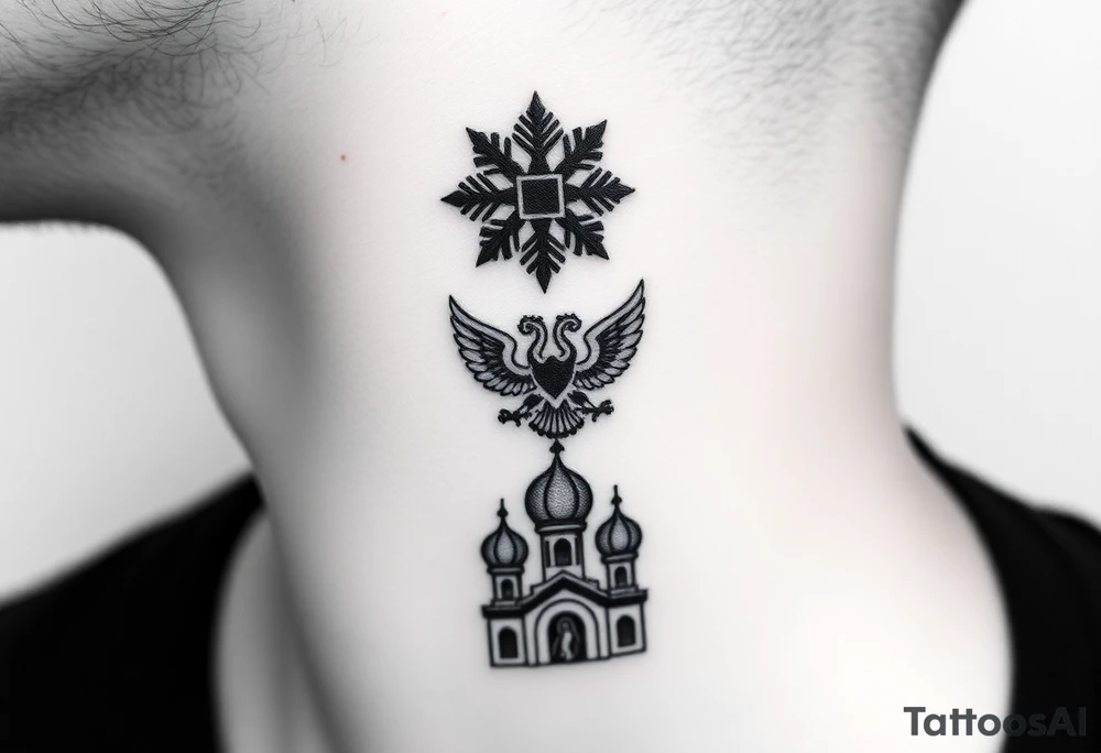 Stacked Vertical Column 

Russian star — small, bold
Middle: Miniature double-headed eagle — simplified, cleaner lines to suit the smaller space
Bottom: Orthodox church dome(s) with a small Virgin Mary silhouette beneath tattoo idea