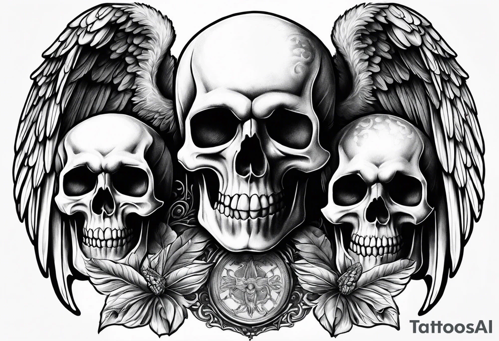 See no evil hear no evil speak no evil skulls go down the back with angel wings wrapped around the skulls tattoo idea