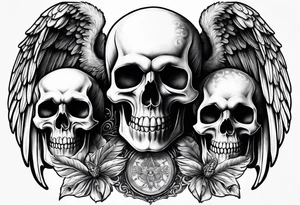 See no evil hear no evil speak no evil  skulls go down the back with angel wings wrapped around the skulls tattoo idea