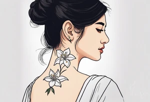 Shoulder and collarbone tattoo of a vibe of night-blooming Jasmine. The tattoo should be scary. tattoo idea