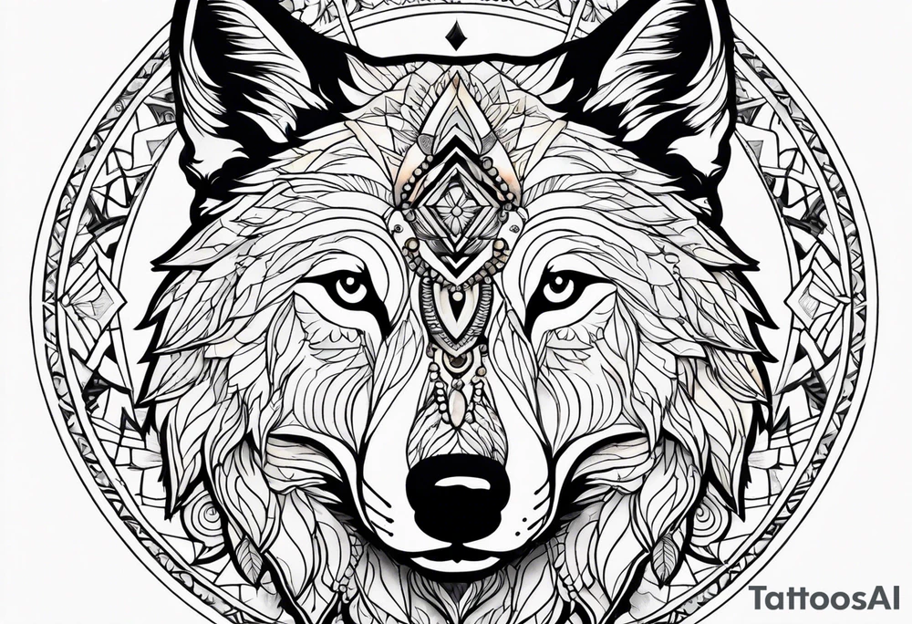 A whimsical wolf tattoo featuring mandala or dream catcher elements, with the wolf as the central focus. Show the wolves whole body standing surrounded by mountains in the background. Include flowers and nature elements to fill the space around the wolf. Some color but not completely solid bold color tattoo idea
