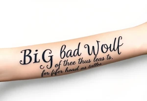 Big bad wolf nursery rhyme wearing a sheep costume with sheep head as hood and eat the three little pigs and little red riding hood in the woods tattoo idea