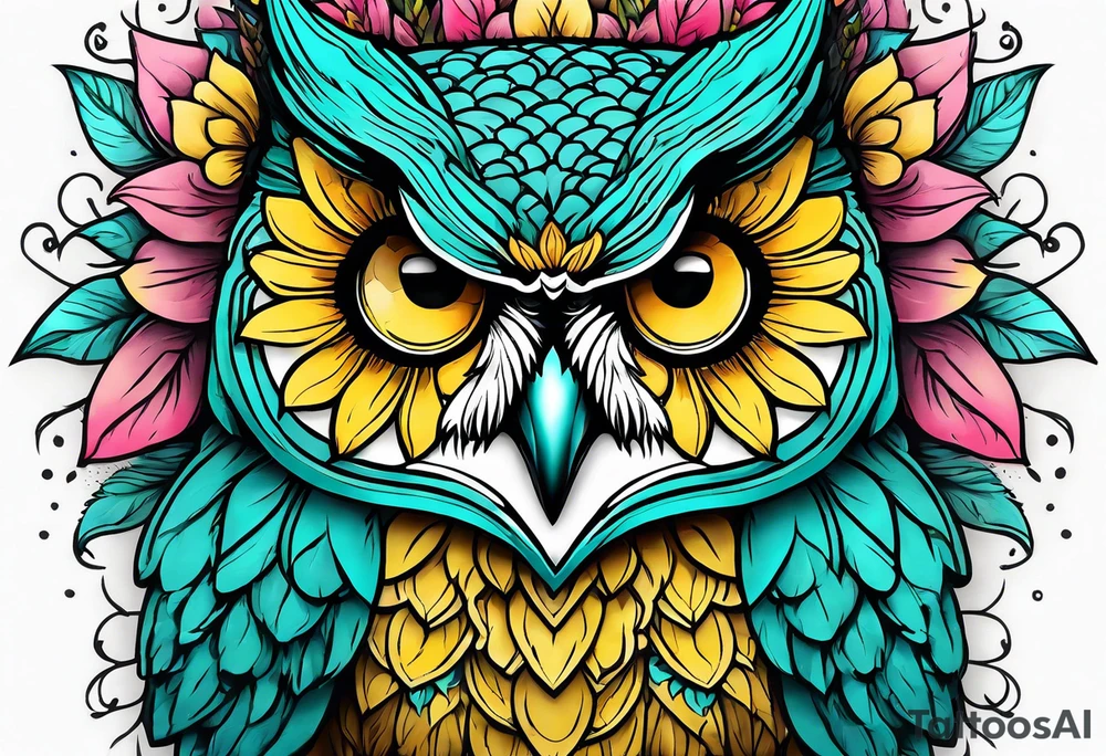 Sleeve with teal, pink and yellow owl and yellow sunflowers tattoo idea