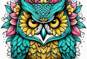 Sleeve with teal, pink and yellow owl and yellow sunflowers tattoo idea