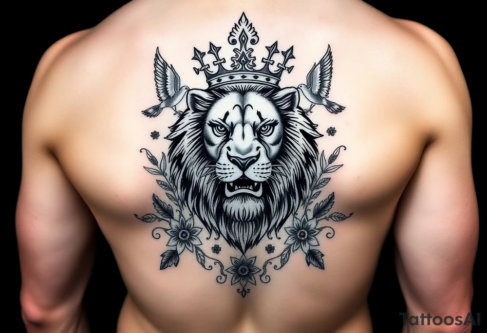 powerful majestic lion with a crown, surrounded by floral ornaments and birds tattoo idea