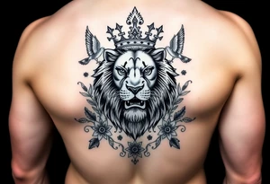 powerful majestic lion with a crown, surrounded by floral ornaments and birds tattoo idea