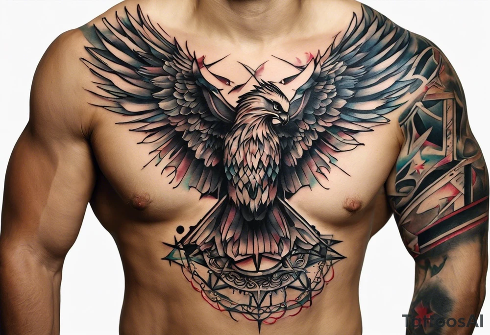 Wide tattoo that appears to be bursting out of the skin, symbolizing freedom. The tattoo should be vibrant and dynamic, with bold lines and colors that evoke a sense of liberation and empowerment. Consider incorporating elements such as broken chains, or other symbols of freedom. The tattoo should be visually striking and thought-provoking, inviting the viewer to reflect on the importance of personal freedom. tattoo idea