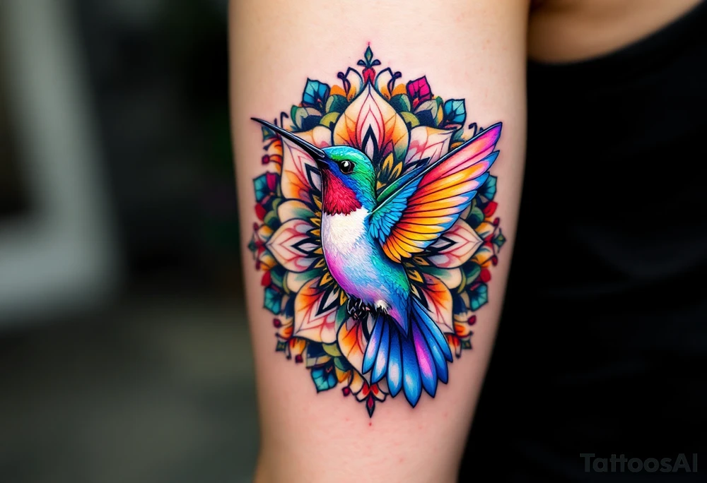Colorful hummingbird centered in front of a mandala design tattoo idea