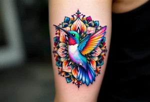 Colorful hummingbird centered in front of a mandala design tattoo idea