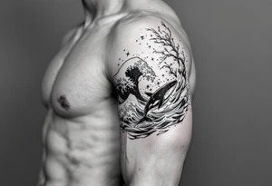 Fine line powerful ocean half sleeve with a wave, a whale and other elements with some shading tattoo idea