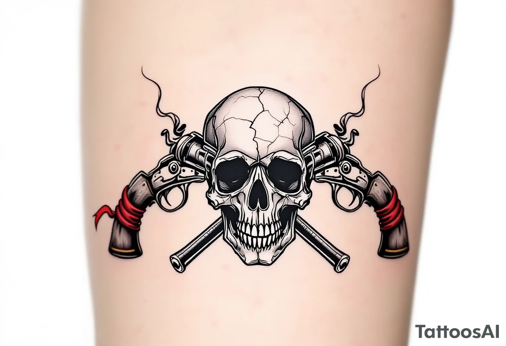 Crossed Flintlocks – Two ornate black and silver flintlock pistols, crossed over a cracked pirate skull, with wisps of gunpowder smoke curling from the barrels. A red sash is tied around one grip, hinting at a pirate’s last stand. tattoo idea