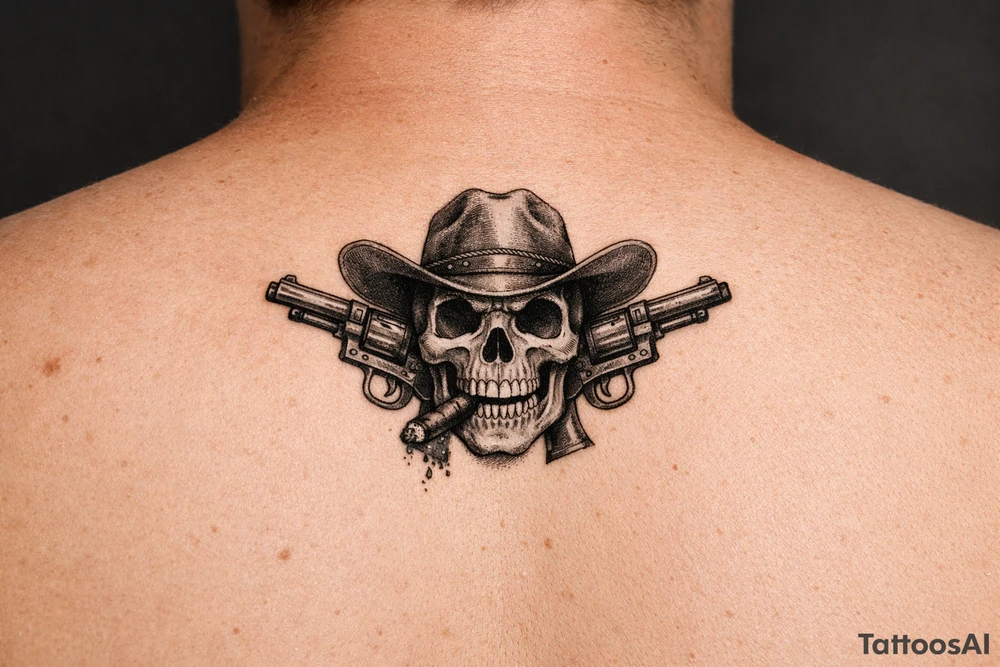 A skull with a wide-brimmed cowboy hat, two vintage pistols pointing outward, ash falling from a cigar. tattoo idea