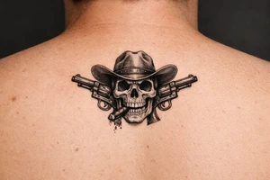 A skull with a wide-brimmed cowboy hat, two vintage pistols pointing outward, ash falling from a cigar. tattoo idea