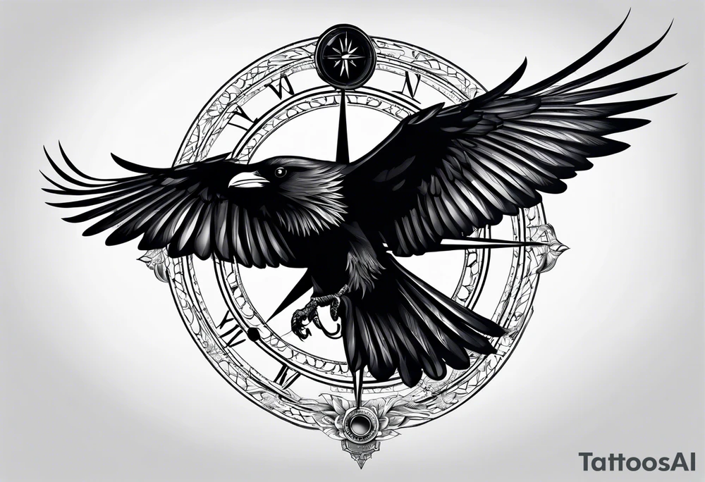 flying crow with compass tattoo idea